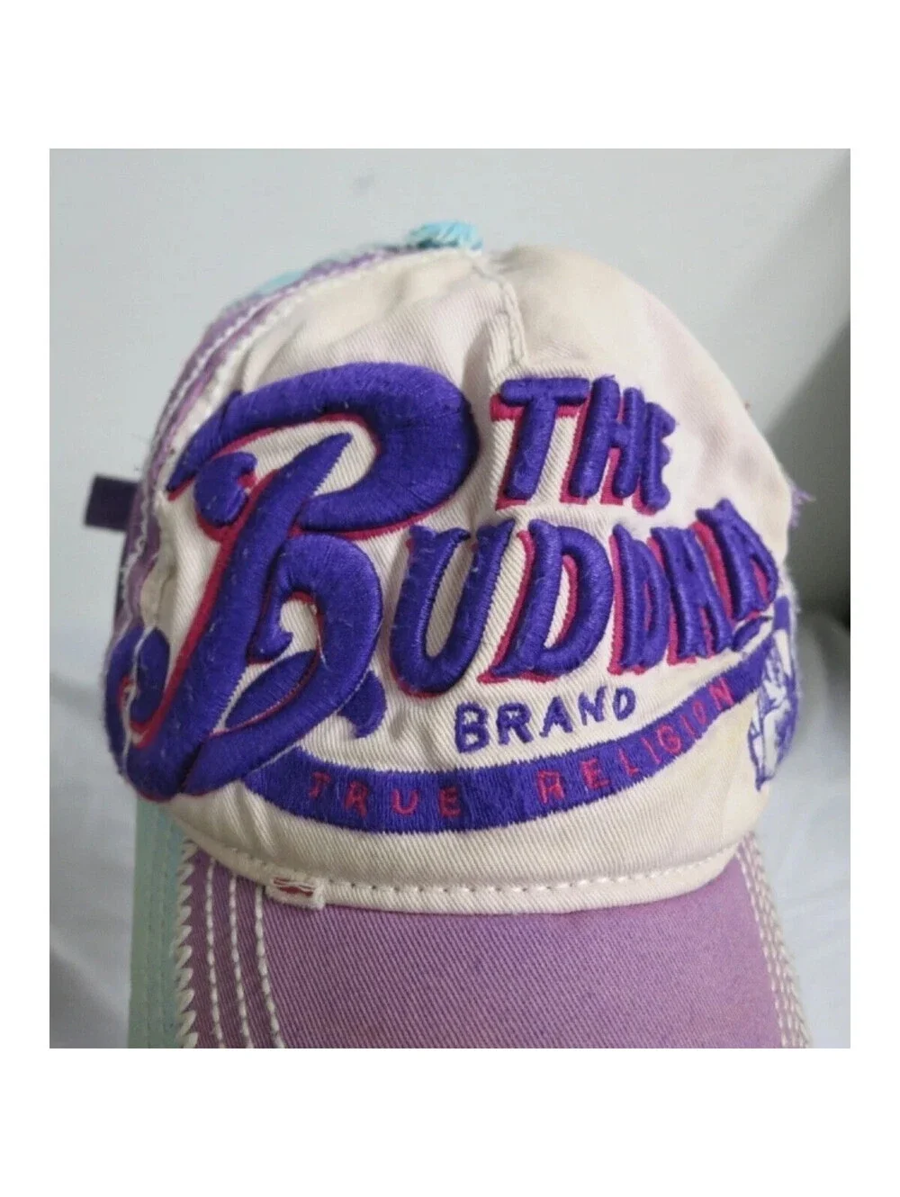 True Religion distressed leather trim Buddha cap hat adjustable Y2K Leather